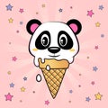 Panda ice cream. Cute little panda in a waffle cone on pink background